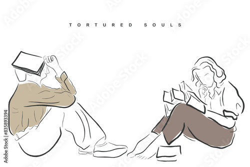 Hand drawn line art vector of reading buddies. Book nerds having fun.