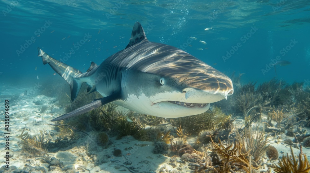 Obraz premium A close-up of a tiger shark's face as it patrols the reef, its distinctive stripes and powerful jaws visible in the clear water.