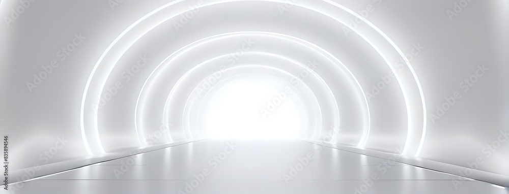 White Background 3D Room with Light Abstract Space. Technology Tunnel Stage Floor. Empty White Future 3D Neon Background Studio. Futuristic Corridor, Modern Interior, Silver Road, Black Wall Design. White Background 3D Room with Light Abstract Space. Technology Tunnel Stage Floor. Empty White Future 3D Neon Background Studio. Futuristic Corridor, Modern Interior, Silver Road, Black Wall Design.