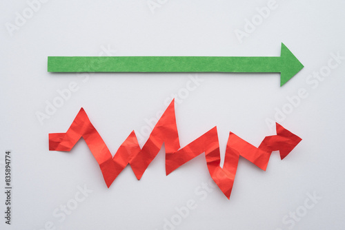 Flat lay green straight arrow line and red wrinkled chaos arrow line from start to finish on white background. Your plan versus reality, in my head vs in real life, expectation vs reality meme concept