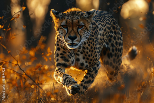 cheetah running in Kruger National Park with the Savannah trees in the background, generative ai