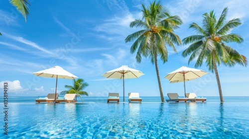 Luxury beach resort with swimming pool  palm trees  and blue sunny sky for relaxing vacation