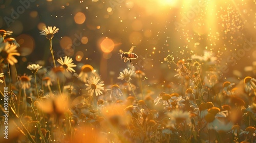 A picturesque meadow with a bee flying among the flowers, captured in golden sunlight and gentle wind © Lcs