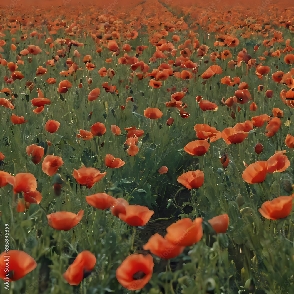 Obraz premium a many red flowers in a field of green grass