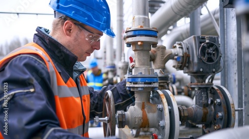 Male worker at water supply station inspects water pump valves equipment in at a large industrial estate. Water pipes. Industrial plumbing.,gas pipe valves, oil valves, water valves, © Sittipol 