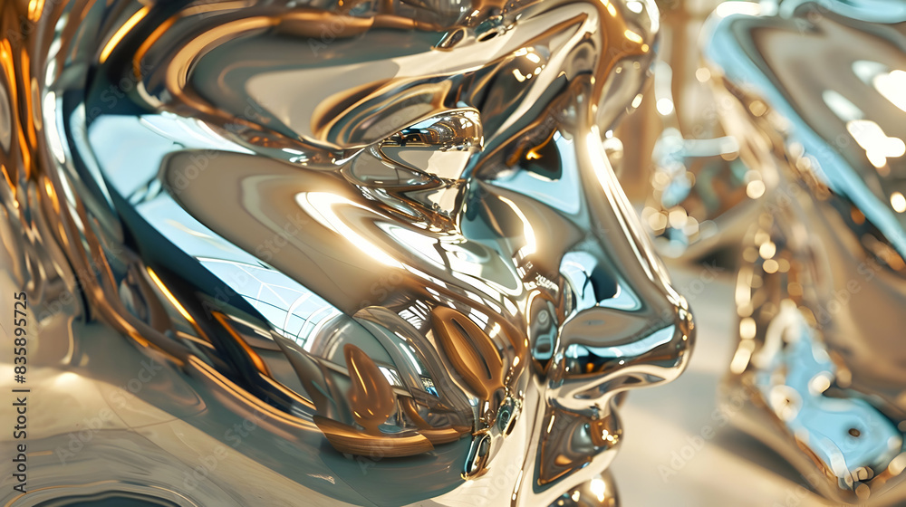 Close-up of a polished metallic sculpture reflecting ambient light, showcasing intricate details and smooth surfaces Close-up of a polished metallic sculpture reflecting ambient light, showcasing intricate details and smooth surfaces