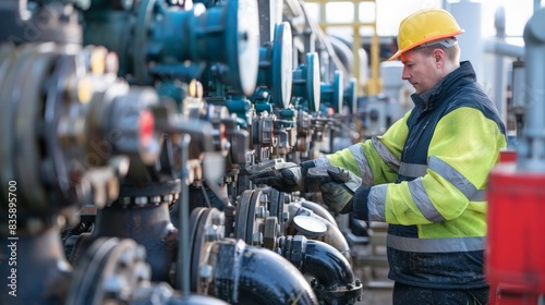 Male worker at water supply station inspects water pump valves equipment in at a large industrial estate. Water pipes. Industrial plumbing.,gas pipe valves, oil valves, water valves,