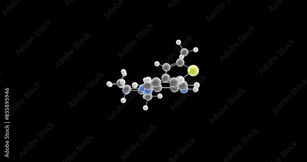 Olanzapine molecule, rotating 3D model of atypical antipsychotics, looped video on a black background