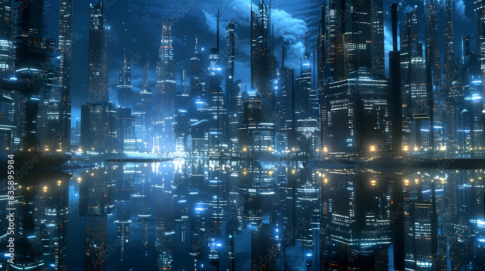 A futuristic cityscape at night, with towering metallic skyscrapers illuminated by vibrant lights and reflections A futuristic cityscape at night, with towering metallic skyscrapers illuminated by vibrant lights and reflections