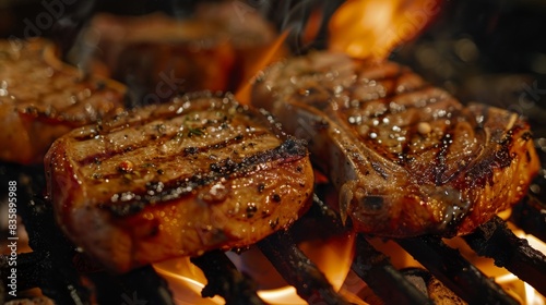 A close-up of marinated pork chops sizzling on a hot grill, with flames licking the meat and infusing it with smoky flavor. photo