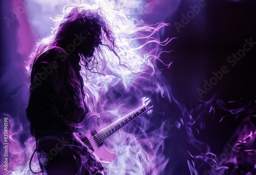 A man playing a guitar with purple smoke in the background. Scene is intense and energetic, as the man is fully immersed in his performance. The purple smoke adds a dramatic