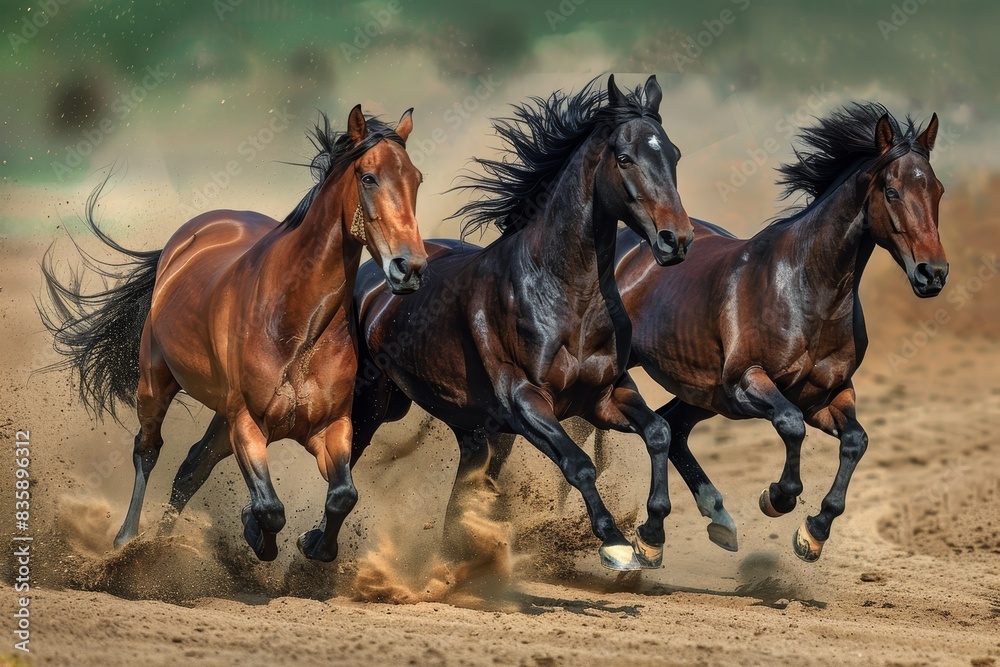 Obraz premium Three majestic horses galloping across a golden sandy field in high-quality image