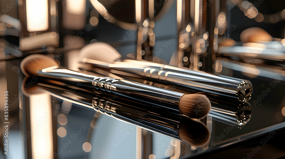 Naklejka premium Close-up of metallic makeup tools on a reflective vanity, emphasizing the precision and quality of the materials