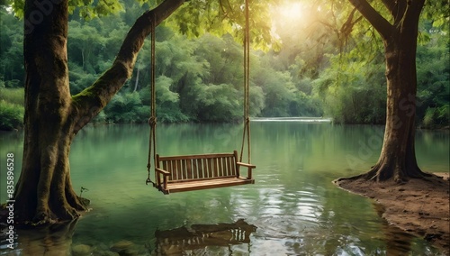 Empty old lonely wood swing hanging on the big tree over the large stream on the green forest background relaxing place vertical style Hanging bench chair seat with the nature view