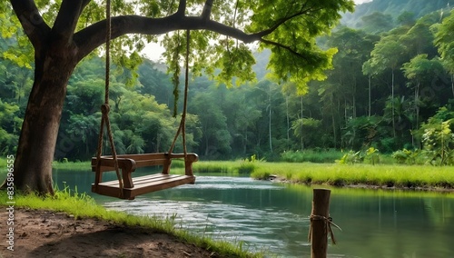Empty old lonely wood swing hanging on the big tree over the large stream on the green forest background relaxing place vertical style Hanging bench chair seat with the nature view