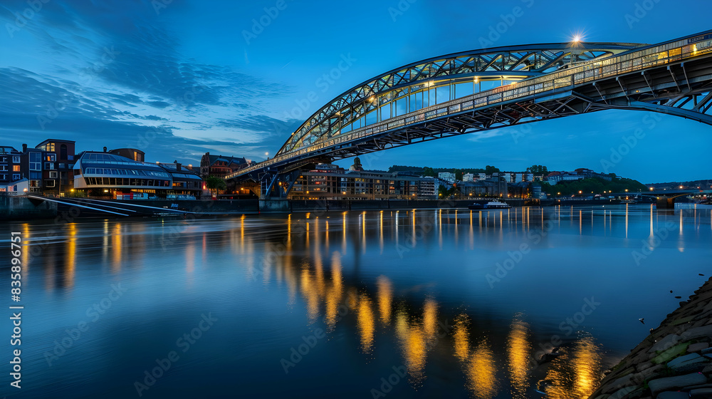 A gleaming metallic bridge spanning a river at dusk, with lights reflecting off its surface and the water below A gleaming metallic bridge spanning a river at dusk, with lights reflecting off its surface and the water below