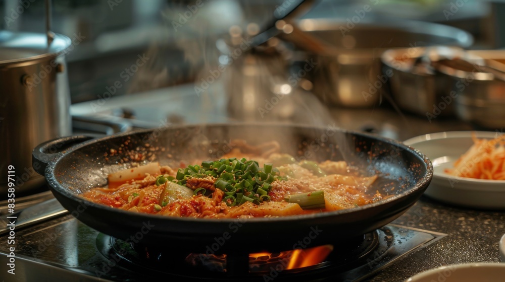 a creative take on kimchi jjigae, showcasing the dish with unconventional ingredients in a setting of a contemporary kitchen, emphasizing creativity and fusion a creative take on kimchi jjigae, showcasing the dish with unconventional ingredients in a setting of a contemporary kitchen, emphasizing creativity and fusion