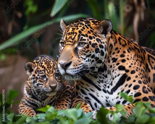 High-quality image of jaguar family. mother and two cubs in their natural habitat © Daria