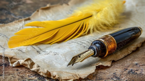 Old vintage yellow feather fountain pen with inkwell on white background Feather with inkwell on the background of papyrus scrolls. Feather  photo