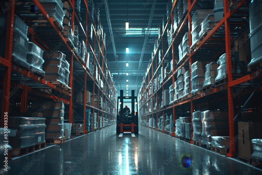 Logistics distribution center with forklift in retail warehouse Logistics distribution center with forklift in retail warehouse