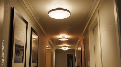 A contemporary flush-mount ceiling light fixture installed in a hallway, providing bright and even illumination for safe passage through the space. photo