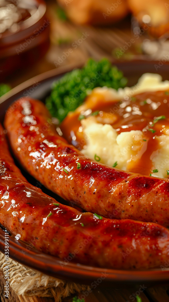 Cumberland Sausage with mashed potatoes and gravy, on a rustic dining table. Cumberland Sausage with mashed potatoes and gravy, on a rustic dining table.