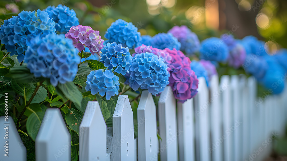 Obraz premium blue and pink hydrangea and white hedge