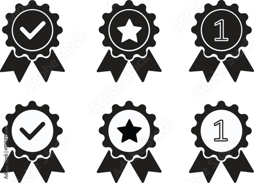 Set of medal or guarantee icons. Badge concept of minimal consumer control emblem or assurance Fill check approval, one and star trendy modern distinction win logotype isolated transparent background.