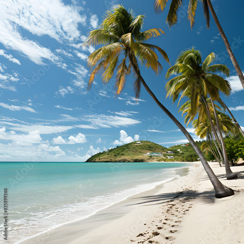 The beautiful beach of carlisle bay at the caribbean islands of antigua and barbuda with fine sand and coconut palm trees isolated on white background, flat design, png
