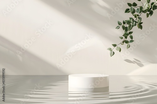 empty podium product display with water ripples and green leaf, for beauty cosmetic mockup presentation, nature and pristine