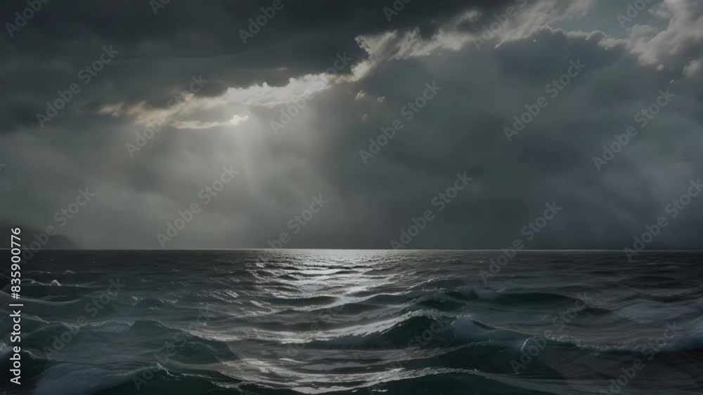 Stormy ocean waters under the grey clouds and sun rays turning into mountains. seamless looping overlay 4k virtual video animation 