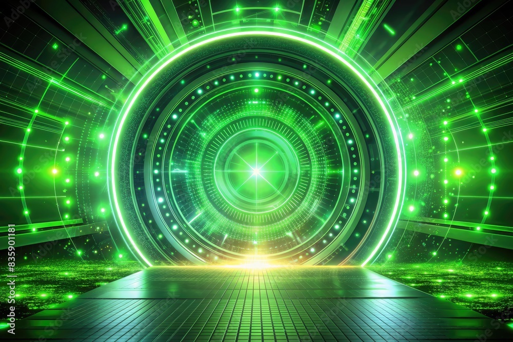 Green futuristic tunnel with glowing rings. Green futuristic tunnel with glowing rings.