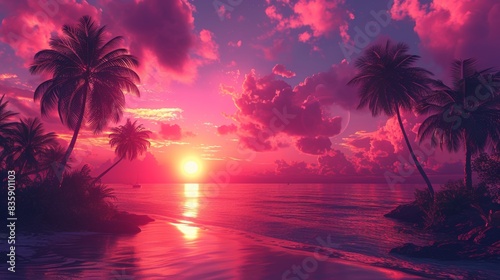 tropical beach sunset with pink and purple sky