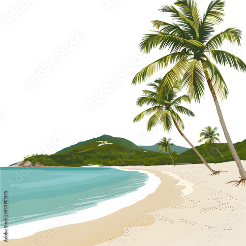 The beautiful beach of carlisle bay at the caribbean islands of antigua and barbuda with fine sand and coconut palm trees isolated on white background  flat design  png 