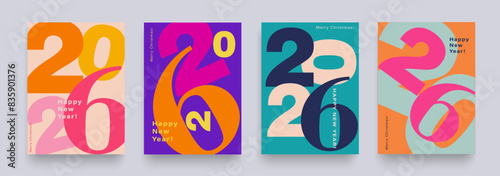 Set Numbers 2026 Year. Happy New Year 2026 and Merry Christmas. Background Figure in the Red, Pink, Orange Color. Abstract Vector Illustration or Advertising, Social Media, Poster, Banner, Cover.