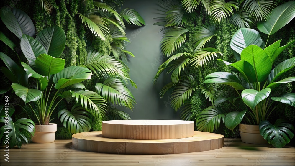 Wooden platform with lush green plants. Wooden platform with lush green plants.