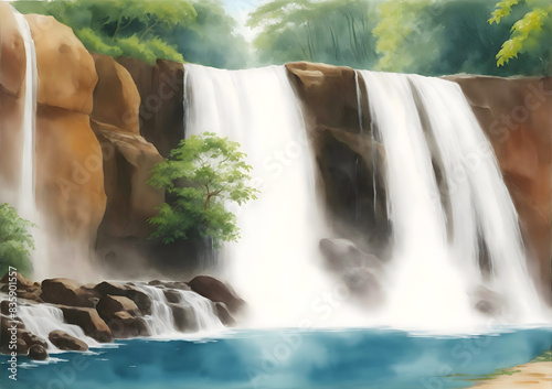 Boali waterfalls Central African Republic Country Landscape Watercolor Illustration Art
 photo