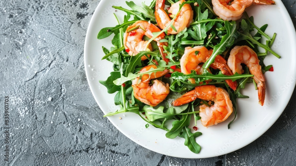 Shrimp and Arugula Salad Served on a White Plate atop a Gray Table Shrimp and Arugula Salad Served on a White Plate atop a Gray Table