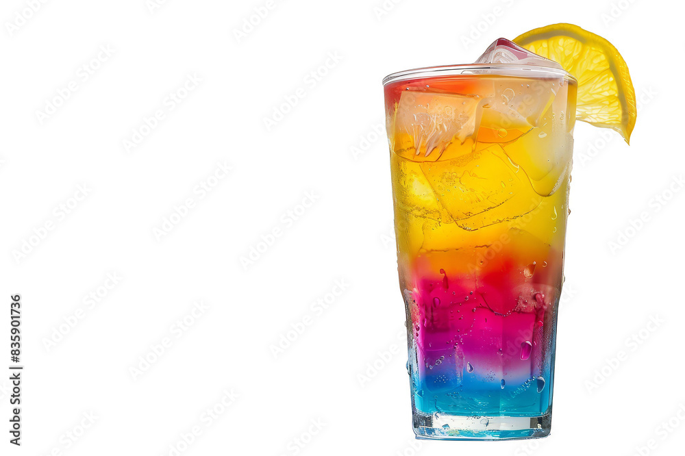 Multi-colored refreshing cocktail with ice in a glass and with a slice of orange on a transparent background Multi-colored refreshing cocktail with ice in a glass and with a slice of orange on a transparent background