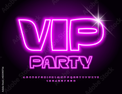 Vector glowing banner Vip Party. Stylish Neon Font. Bright Electric Alphabet Letters and Numbers set.