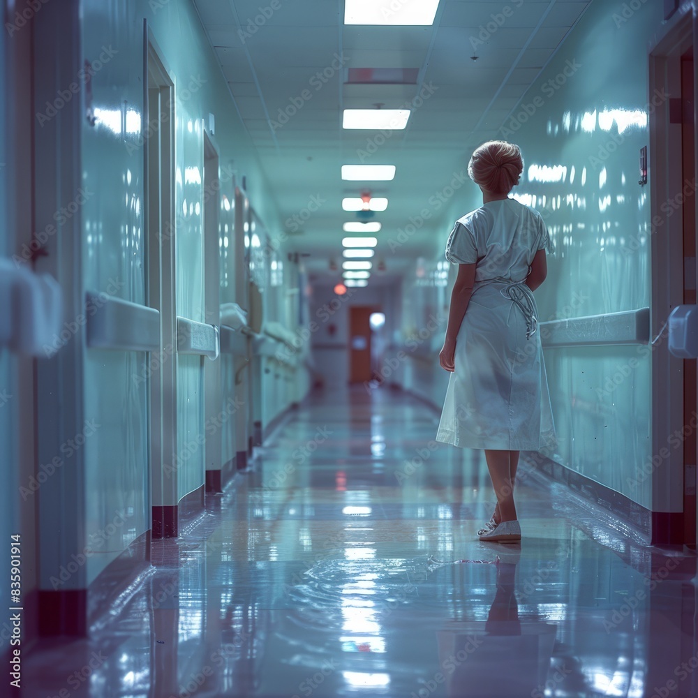 Fototapeta premium Nurse in Empty Hospital Hallway