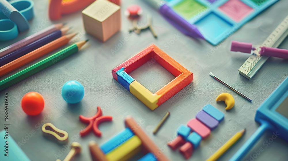 Bright educational tools forming a neat square on a light grey surface.