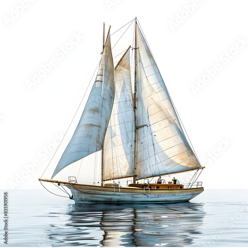 Crew on sailboat in a calm sea isolated on white background, realistic, png 