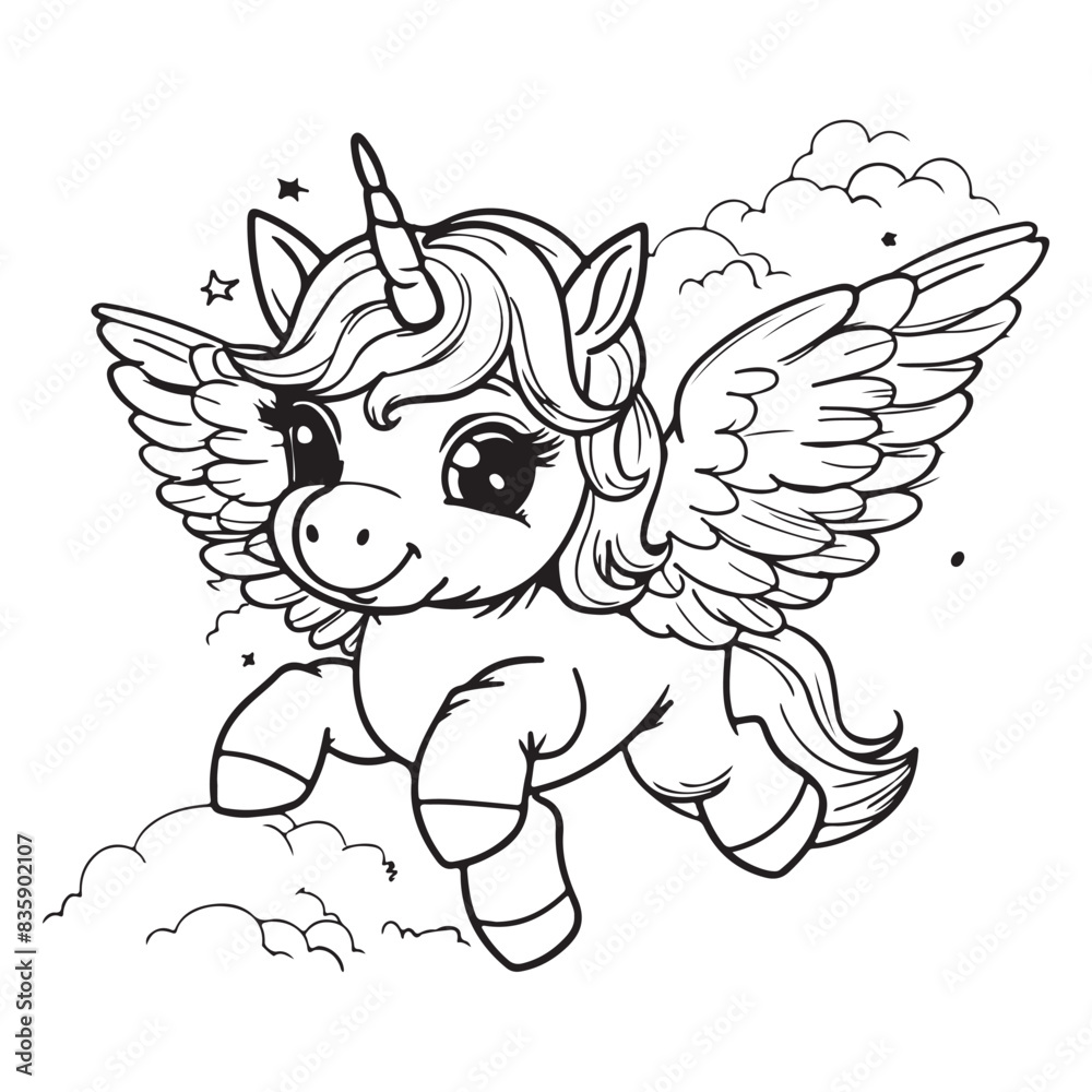 Naklejka premium Cute little flying unicorn, black vector illustration on white background