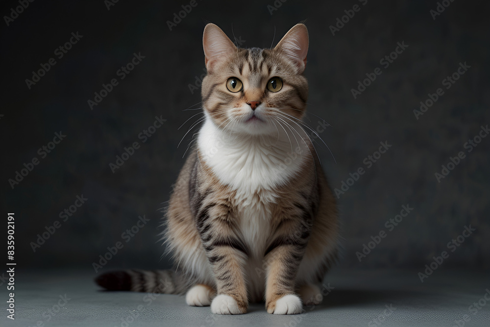 Obraz premium A cute tabby cat with a mix of brown, black, and white fur, sitting and looking directly at the camera with green eyes. The background is a muted gray, highlighting the cat's striking features.