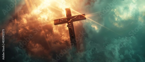 Crucifixion cross, candle and biblical book close up on table. Easter, Orthodox palm Sunday. Good Friday. symbol of Christianity, faith, Lent, prayer. Church religious holiday. sky silhouette ,