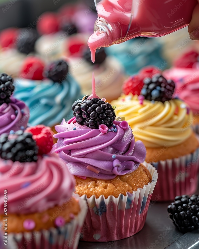 A tray of colorful cupcakes with frosting and berries on top