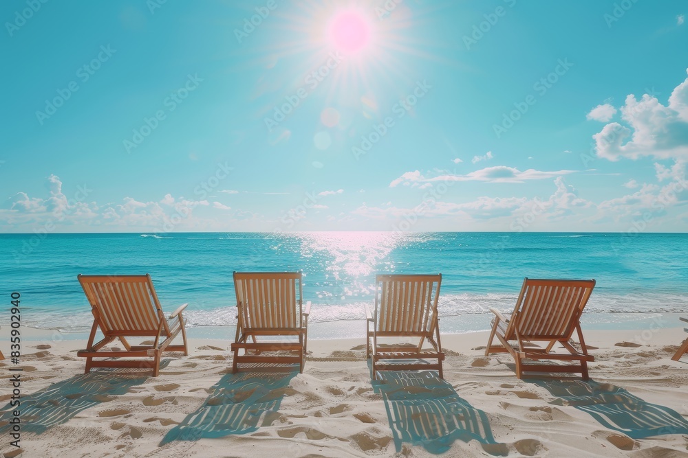 Serene Beach with Rows of Lounge Chairs Facing the Ocean Serene Beach with Rows of Lounge Chairs Facing the Ocean