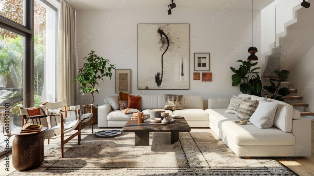 A modern living room with carefully chosen art pieces, stylish rugs, and cozy textiles for a complete look A modern living room with carefully chosen art pieces, stylish rugs, and cozy textiles for a complete look