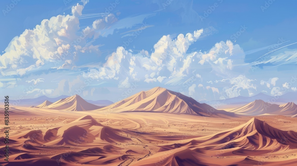Fototapeta premium Rough desert dunes in a vast blue sky landscape